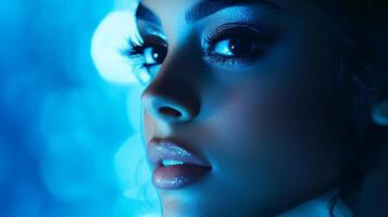 Close-up of a beautiful woman's face with dramatic eye makeup and glossy lips, illuminated by a vibrant blue light creating a dreamy ambiance. photo