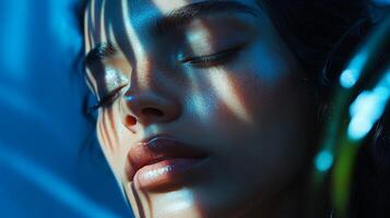 Portrait of a woman illuminated by soft, striped light, creating a serene and captivating mood. Capturing the essence of quiet beauty. photo