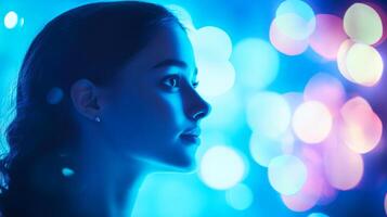 Glowing portrait of a young woman in blue tones, with bright bokeh lights in the background creating a magical and dreamy atmosphere. photo