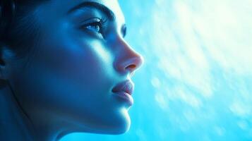 Serene visage portrait illuminated in cool blue tones. Focus on the delicate features and captivating gaze. A study in light and form. photo