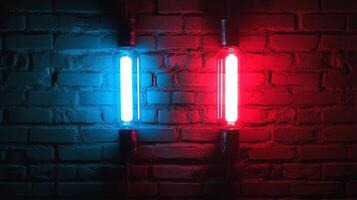 Illuminated wall fixtures cast vibrant hues, with contrasting red and blue lights creating a visually striking ambiance on the brick wall. photo