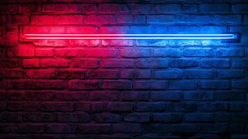 Red and blue neon light casting a vibrant glow on a brick wall. The contrasting colors create a striking visual effect. Modern and edgy. photo
