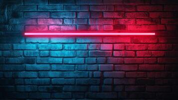 A vibrant neon line stretches across a textured brick wall, bathed in a color split of cool blue and warm red, creating a striking visual contrast. photo