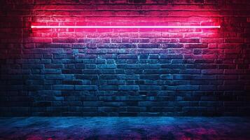 A brick wall glows under a neon light, creating a vibrant and urban atmosphere with shades of red and blue reflecting on the ground. photo
