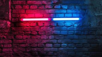 Neon light on a brick wall divided between blue and red creating a sharp contrast. The colors create an edgy, modern urban feel. photo