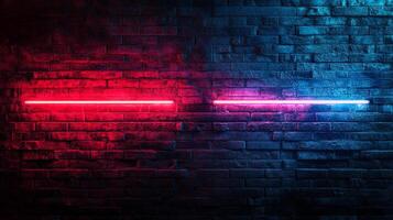 Brick wall adorned with vibrant neon lights, red and blue, creating a visually striking contrast against the dark and textured background. photo