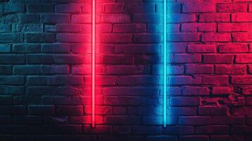A textured brick wall illuminated by vertical neon lights in vibrant red and blue hues, creating a modern and striking visual effect. photo