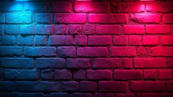 Textured brick wall bathed in vibrant neon hues, creating a modern and edgy urban ambiance, with bold contrasts. photo