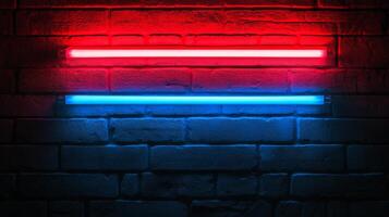 Abstract brick wall illuminated by parallel red and blue neon lights, creating a contrast between warm and cool colors in an urban setting. photo