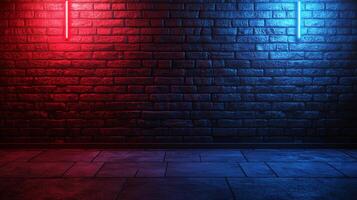 Urban brick wall illuminated by contrasting red and blue neon lights, creating a cool, edgy, and modern atmosphere with tile flooring. photo
