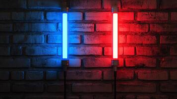 Illuminated brick wall with contrasting red and blue light tubes creates a dynamic and visually striking indoor scene. photo