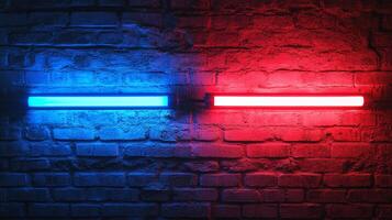 A striking contrast of blue and red lights illuminates a textured brick wall, creating a bold and modern visual effect. photo