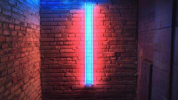 Neon light contrasts brickwork's rustic texture, blending modern glow and vintage charm into an edgy backdrop of vibrant color and raw texture. photo