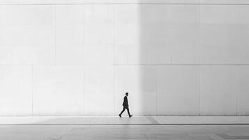 Solitary figure walking against a minimalist architectural backdrop, a study in light, shadow, and the dynamics of urban movement. photo