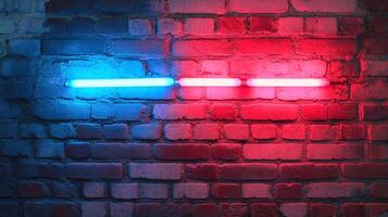 Neon lights on a textured brick wall create a contrasting atmosphere, blending coolness with warmth in a unique, artistic display. photo