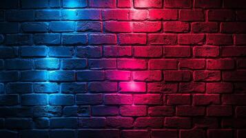 Blue and red lights illuminate a textured brick wall, creating a vibrant, colorful glow. The light contrast makes an attractive backdrop. photo