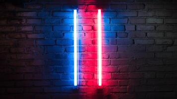 Illuminated tubes cast vibrant hues on a weathered brick wall. Captivating interplay of red and blue lighting enhances the rough, textured surface. photo