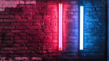 Aged brick wall illuminated by vibrant red and blue neon tubes creating a striking contrast of old and new, texture and color. photo