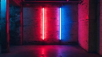 Neon vertical lights, red and blue, stand against a brick wall. The lights reflect on the dark floor, creating a vivid contrast. photo