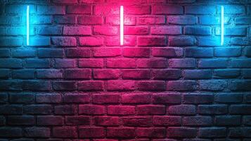 Neon lights illuminate a textured brick wall, casting vibrant blue and red hues, creating an edgy urban aesthetic and striking contrast. photo