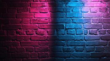 Brick wall with pink and blue illumination. Dark brickwork split with neon lighting shows urban texture with geometric color contrast. photo