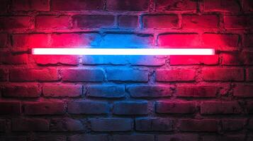 A vibrant neon light casts a cool glow. Red, blue, and white shine against a textured brick wall, creating a cool modern aesthetic. photo
