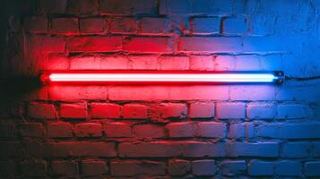 Neon light tube on a brick wall displaying a red and blue gradient, creating a vibrant and modern aesthetic. photo