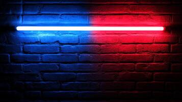A brick wall is split into a blue and red color scheme with a neon tube bisecting the divide to create a striking juxtaposition. photo