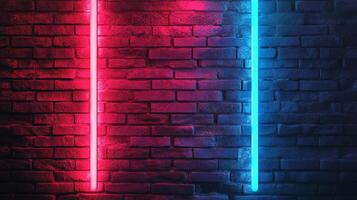 Vibrant neon lights illuminate a rustic brick wall, casting a dynamic interplay of red and blue hues in a visually striking composition. photo