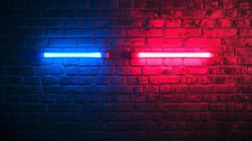 Neon lights on a brick wall create a vibrant, contrasting display of red and blue, adding an energetic urban edge. photo