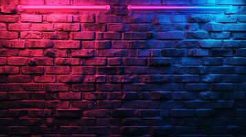 Brick wall illuminated with neon lights. Half is bathed in vibrant reds and pinks, the other in cool blues and purples. Bold colors. photo