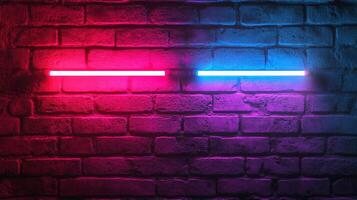 Illuminated brick wall with vibrant neon lights. A captivating contrast of textures and colors creates a visually striking urban scene. photo