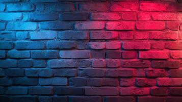 Abstract brick wall split in half. Red and blue lights shine on the wall creating a colorful artistic composition. Wallpaper background. photo