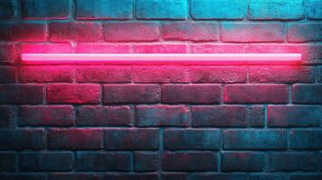 A vibrant neon pink light illuminates a textured brick wall, creating a striking contrast and modern aesthetic. photo