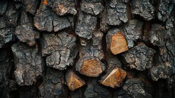 An abstract closeup of bark reveals intricate textures, dark colors, and rugged surface details, creating a natural, rustic pattern. photo