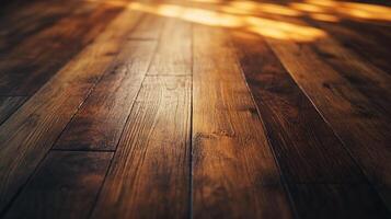 Rustic charm with hardwood floors bathed in sunlight, showcasing rich tones and grain texture, creating warm home atmosphere. photo