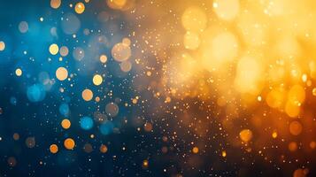 Abstract bokeh lights create a festive atmosphere with blurred golden and blue hues sparkling against a dark background. photo