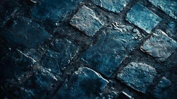 Detailed capture showcases blue cobblestone tiles, revealing textures and patterns. Perfect for backgrounds and textures adding depth and nuance. photo