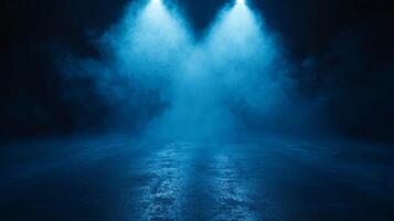 Dark blue sky with two bright blue lights shining on it. The lights are positioned above the ground, creating a sense of depth and dimension. The scene is ethereal and mysterious photo