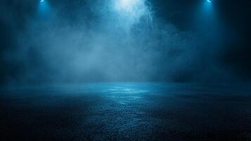 Dark blue sky with a foggy mist. The sky is lit up with blue lights. Scene is mysterious and eerie photo
