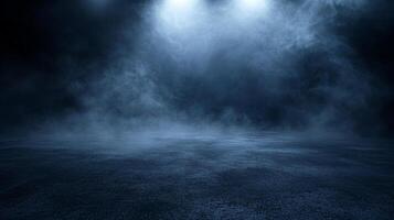 Dark, smoky, and foggy scene with a blue sky. The sky is filled with smoke and the ground is covered in a thick layer of fog photo