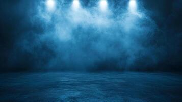 Blue room with a blue background and a blue light in the middle. The room is empty and has a smoky atmosphere photo
