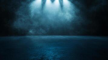 Dark blue room with a blue sky background. The room is empty and has a blue light shining on it photo