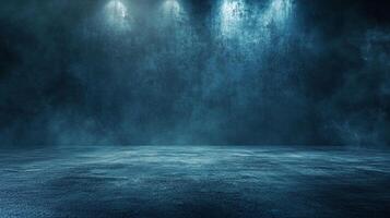 Dark blue room with a wet floor. The room is empty and has a moody atmosphere photo
