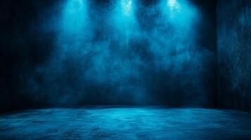 Blue room with a blue wall and a blue ceiling. The room is empty and has a blue light shining on it photo