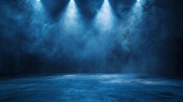 Dimly lit room with a blue background and smoke filling the air. The room is empty and the lights are on, creating a mysterious and eerie atmosphere photo