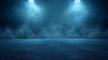 Stadium with two bright blue lights shining on a blue field. The field is empty and the lights are on, creating a moody atmosphere photo