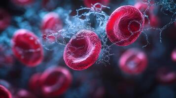 Close up of red blood cells floating in a blue liquid. The red blood cells are depicted in various sizes and shapes, with some appearing larger and more prominent than others photo