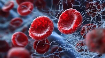 Close up of red blood cells in a web of blue. The red blood cells are clustered together and appear to be in motion. Concept of life and vitality photo
