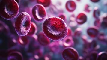Close up of red blood cells with a fuzzy texture. Concept of chaos and disorder, as the cells are scattered in various directions and sizes. The red color of the cells also adds to the intensity photo